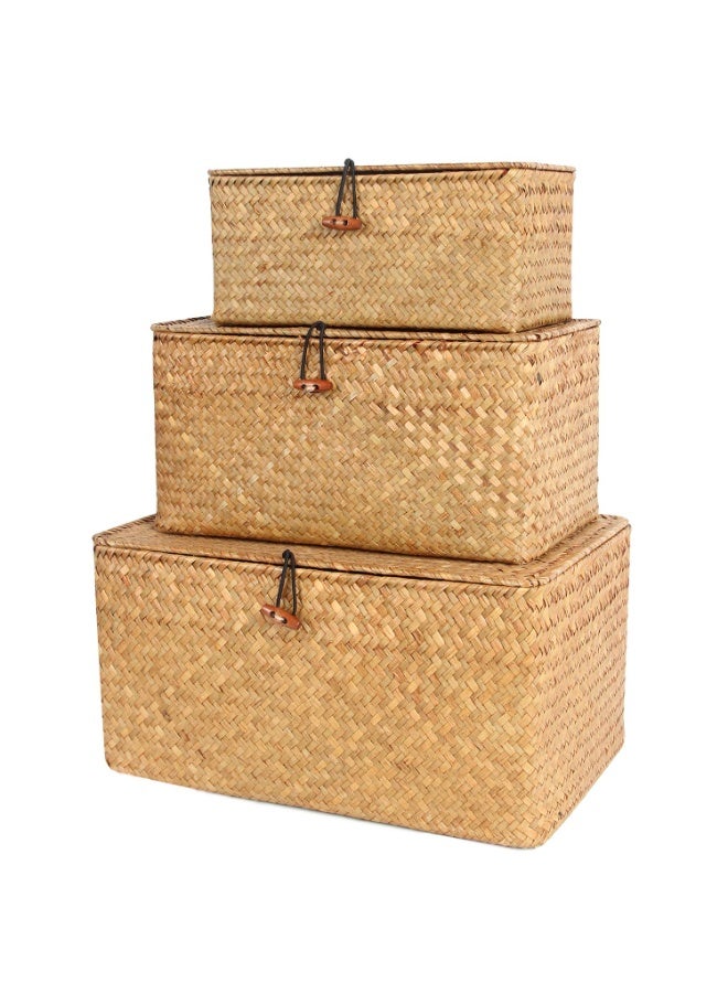Set of 3 Shelf Basket with Lid for Home Decor Seagrass Storage Baskets Natural Rattan Woven Square Organizer Box (Set of 3) - Image 1