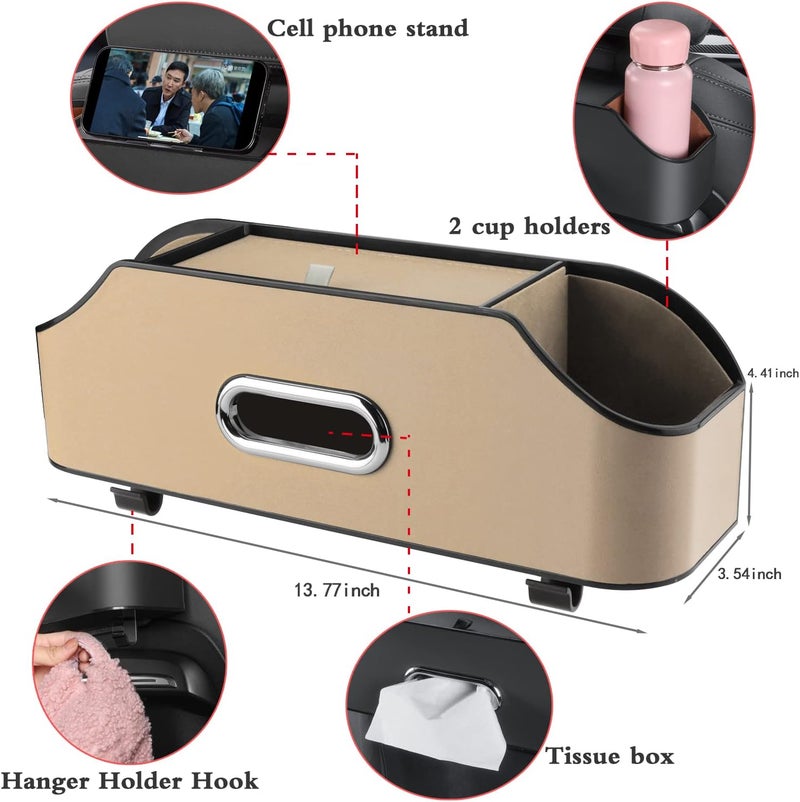 HALOYIVGO Car Seat Back Organizer - Stylish & Functional Storage for Family Adventures - Cup Holders, Tissue Box & Hooks - Perfect for Kids, Road Trips & Travel (Beige) - Image 3