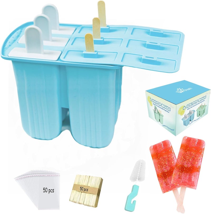 Wpunwen Silicone Popsicle Molds with Sticks 6 Cavity Ice Popsicle MoldsIce Cream Mold with Clean Brush 6 Reusable Sticks 50 Sticks 50 Bags Blue - Image 1