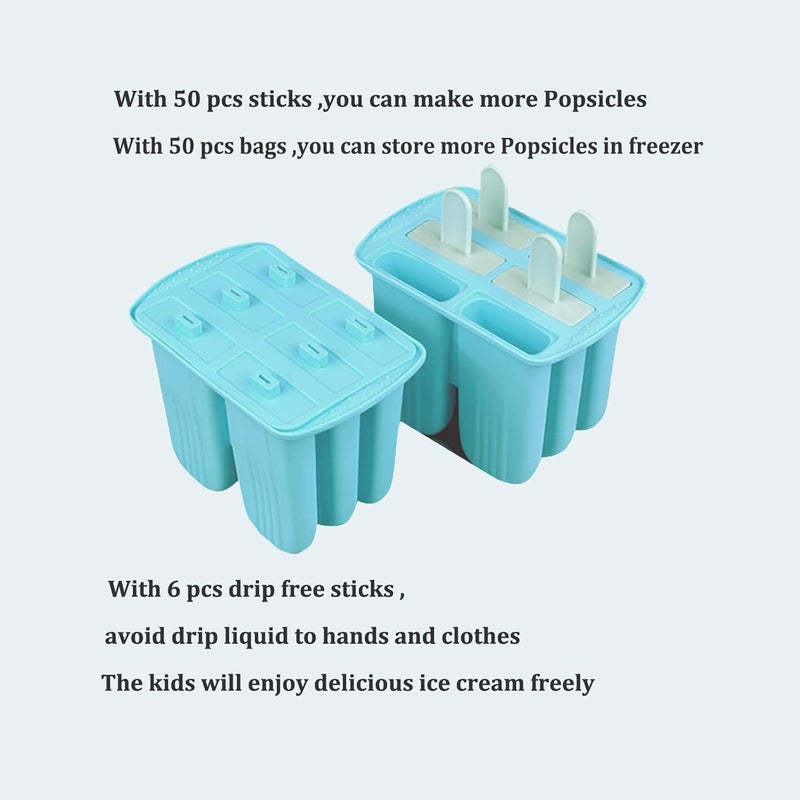 Wpunwen Silicone Popsicle Molds with Sticks 6 Cavity Ice Popsicle MoldsIce Cream Mold with Clean Brush 6 Reusable Sticks 50 Sticks 50 Bags Blue - Image 5