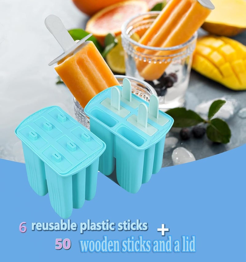 Wpunwen Silicone Popsicle Molds with Sticks 6 Cavity Ice Popsicle MoldsIce Cream Mold with Clean Brush 6 Reusable Sticks 50 Sticks 50 Bags Blue - Image 2