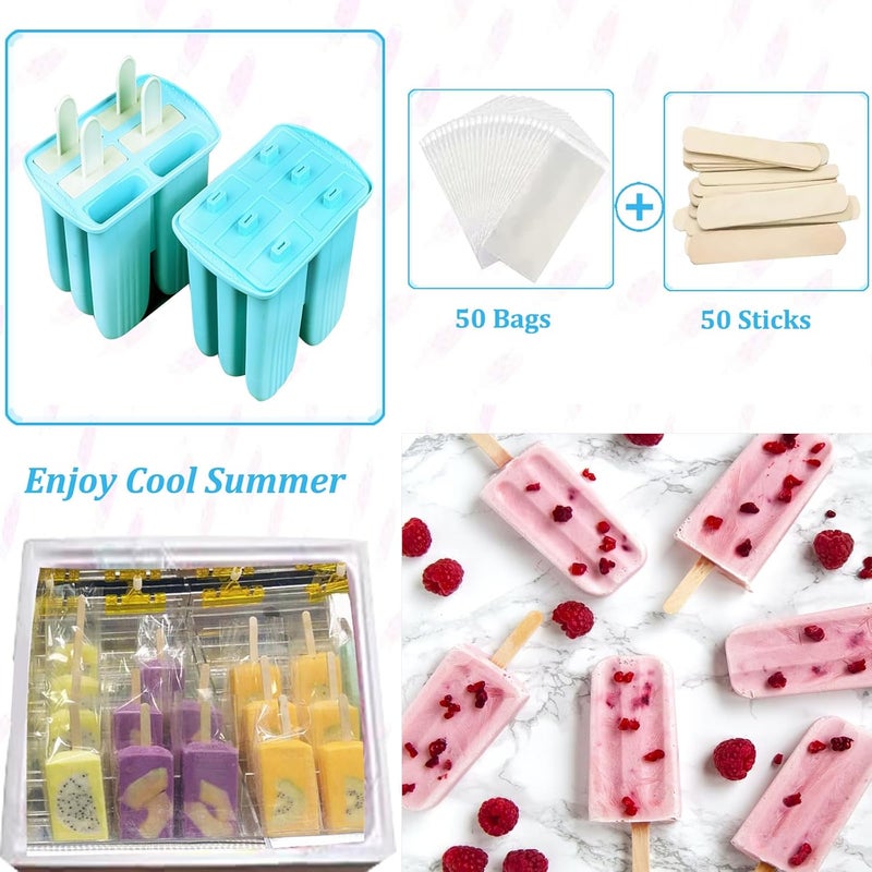 Wpunwen Silicone Popsicle Molds with Sticks 6 Cavity Ice Popsicle MoldsIce Cream Mold with Clean Brush 6 Reusable Sticks 50 Sticks 50 Bags Blue - Image 3