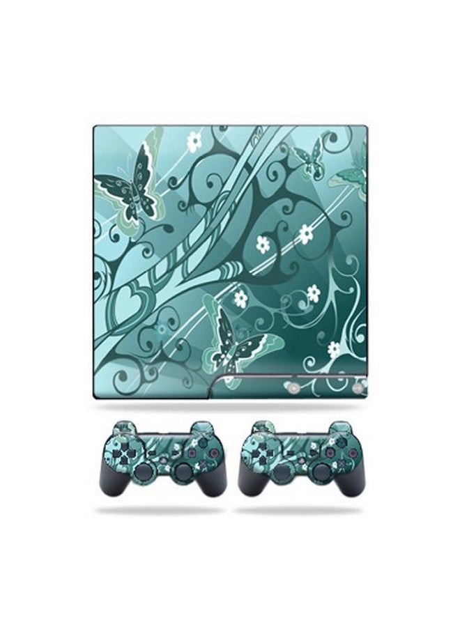 مايتي سكينز غلاف Mightyskins متوافق مع Sony Playstation 3 Ps3 Slim Skins + 2 غلاف تحكم ملصق الفراشة الزرقاء - Image 1