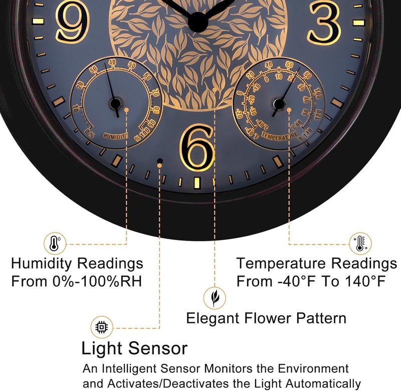 OCEST 15 Inch Illuminated Large Outdoor Clock Waterproof, Night Light Illuminated Wall Clocks with Smart LED Sensor, Temperature and Humidity Combo for Garden Patio Pool Garage (Metal) - Image 4