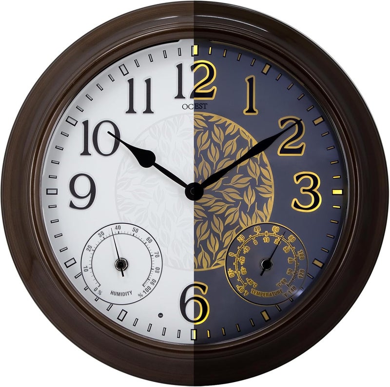 OCEST 15 Inch Illuminated Large Outdoor Clock Waterproof, Night Light Illuminated Wall Clocks with Smart LED Sensor, Temperature and Humidity Combo for Garden Patio Pool Garage (Metal) - Image 1