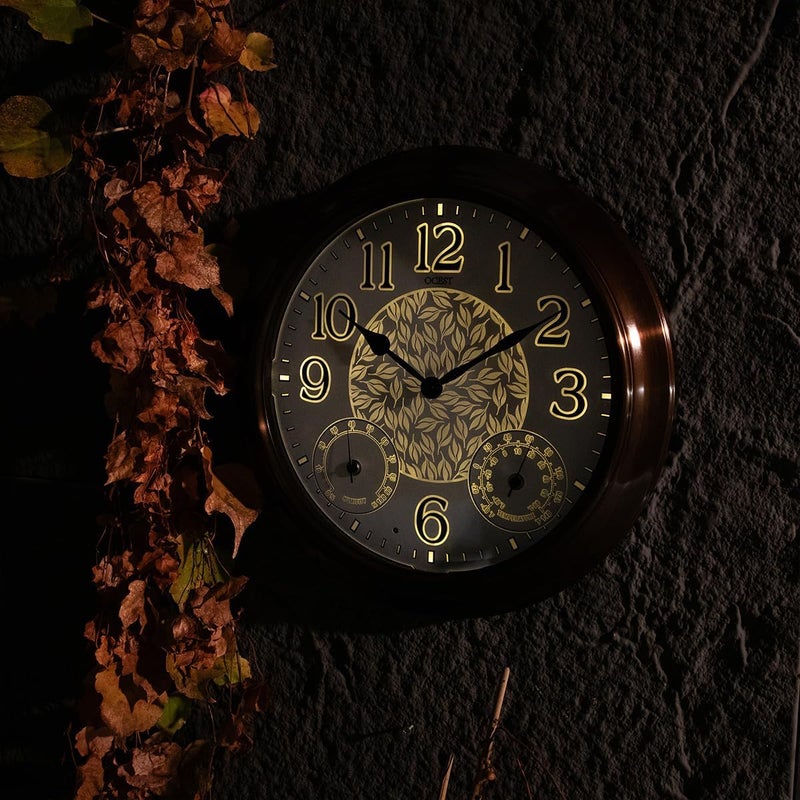 OCEST 15 Inch Illuminated Large Outdoor Clock Waterproof, Night Light Illuminated Wall Clocks with Smart LED Sensor, Temperature and Humidity Combo for Garden Patio Pool Garage (Metal) - Image 2