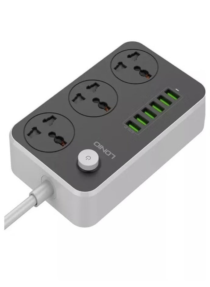 3 Power Socket with 6 USB Extension Charging Station – Black/Grey Multi-Port Power Strip with Surge Protection – Fast Charging USB Ports for Smartphones, Tablets, Laptops – Compact & Durable Power Hub Perfect for Home and Office Use  - Image 2