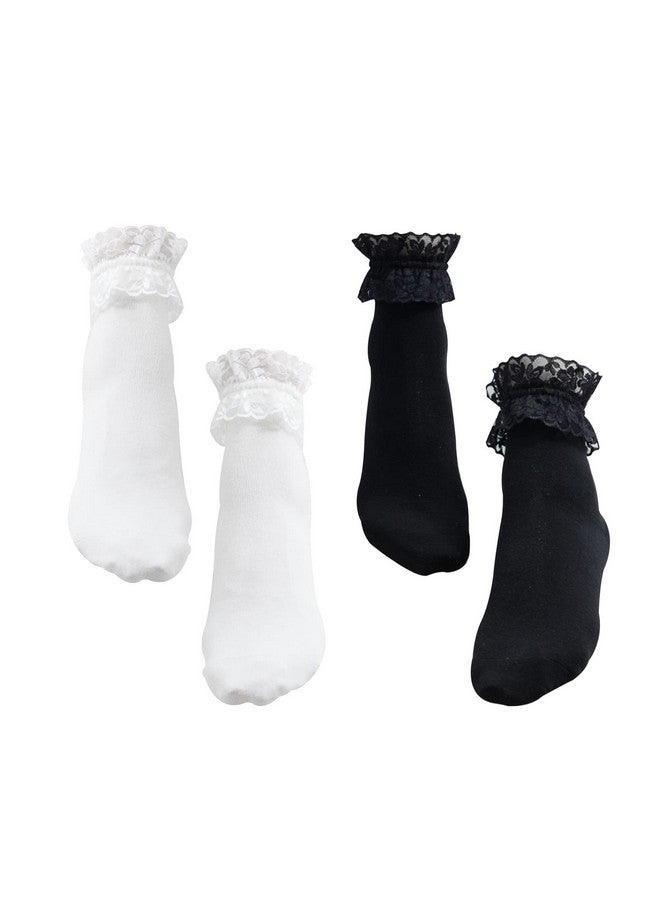 CheeseandU 2Pairs Set Women's Lace Anklet Sock with Ruffle Comfortable No-Show Cotton Opaque Anklet Socks Princess Socks for Women Girls Black+White - Image 1