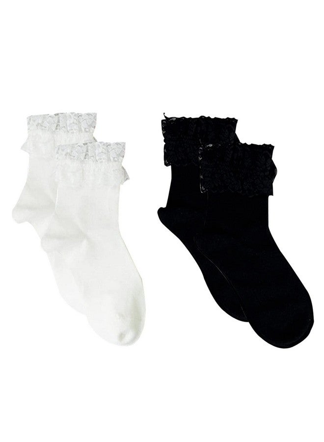 CheeseandU 2Pairs Set Women's Lace Anklet Sock with Ruffle Comfortable No-Show Cotton Opaque Anklet Socks Princess Socks for Women Girls Black+White - Image 2