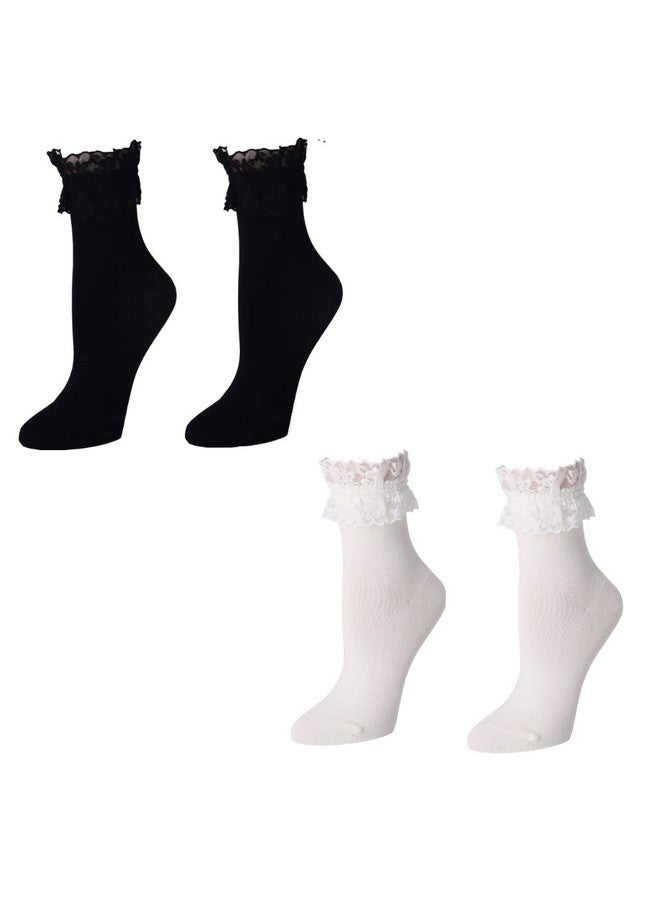 CheeseandU 2Pairs Set Women's Lace Anklet Sock with Ruffle Comfortable No-Show Cotton Opaque Anklet Socks Princess Socks for Women Girls Black+White - Image 3