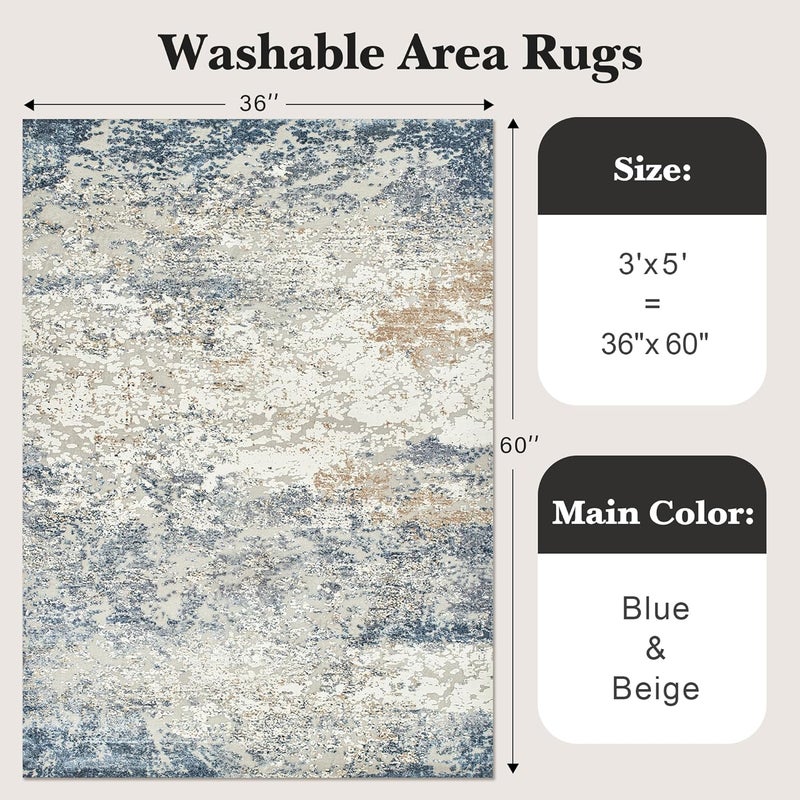 Art&Tuft Washable Rug, Anti-Slip Backing Abstract 3x5 Rug, Stain Resistant Rugs for Living Room, Foldable Machine Washable Area Rug (TPR18-Blue, 3'x5') - Image 2