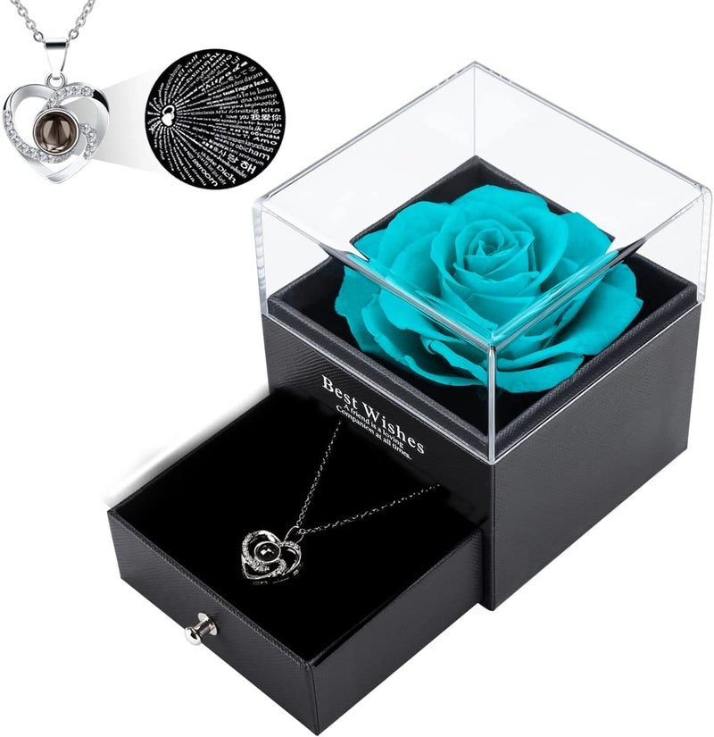 GIFEY Preserved Real Rose with I Love You Necklace Eternal Flowers Rose Gifts for Mom Wife Girlfriend Her on Christmas Mothers Day Valentines Day Anniversary Christmas Birthday Gifts for Women Nylon Blue 