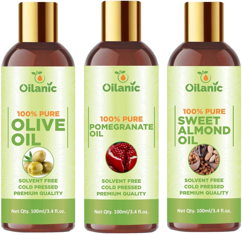 Oilanic?100% Pure & Natural Olive Oil, Pomegranate Oil & Sweet Almond Oil Combo pack of 3 bottles of 100 ml(300 ml) - Image 1