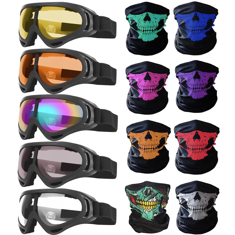 Peicees 13PCS Motorcycle Set, 5 Dirt Bike Ski Goggles UV Protection Dustproof Windproof Safety Glasses with 8 Skull Face Mask - Image 1