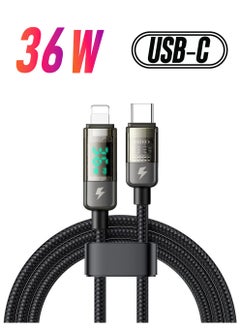 USB-C to Lightning Cable, 36W Transparent Data Cable PD Charger Digital Display, Auto Power Off Dual Core Protection, High Speed Data Transfer, for iPhone