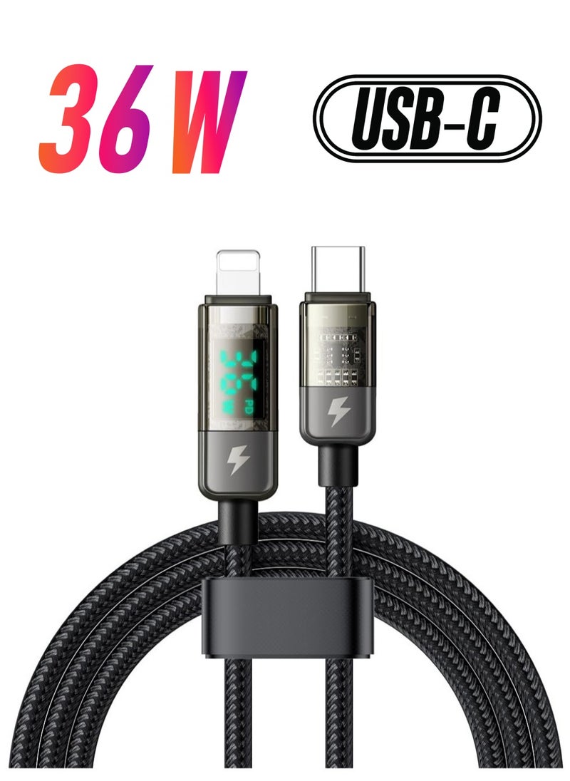 Excefore - USB-C to Lightning Cable, 36W Transparent Data Cable PD Charger Digital Display, Auto Power Off Dual Core Protection, High Speed Data Transfer, for iPhone - Image 1