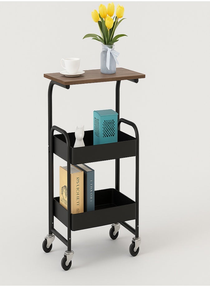 ليفي عربة تخزين متدحرجة بثلاث طبقات مع سطح طاولة خشبي - عربة تنظيم أدوات معدنية شديدة التحمل بعجلات قابلة للقفل، ورف متعدد الطبقات مقاوم للماء والصدأ للمطبخ وغرفة النوم والمكتب والحمام وغرفة المعيشة - Image 1