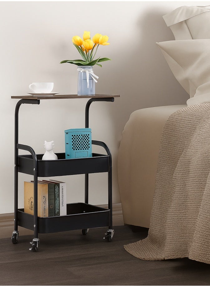 ليفي عربة تخزين متدحرجة بثلاث طبقات مع سطح طاولة خشبي - عربة تنظيم أدوات معدنية شديدة التحمل بعجلات قابلة للقفل، ورف متعدد الطبقات مقاوم للماء والصدأ للمطبخ وغرفة النوم والمكتب والحمام وغرفة المعيشة - Image 2