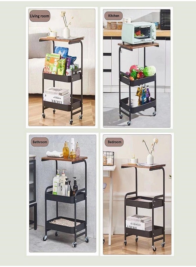 ليفي عربة تخزين متدحرجة بثلاث طبقات مع سطح طاولة خشبي - عربة تنظيم أدوات معدنية شديدة التحمل بعجلات قابلة للقفل، ورف متعدد الطبقات مقاوم للماء والصدأ للمطبخ وغرفة النوم والمكتب والحمام وغرفة المعيشة - Image 3