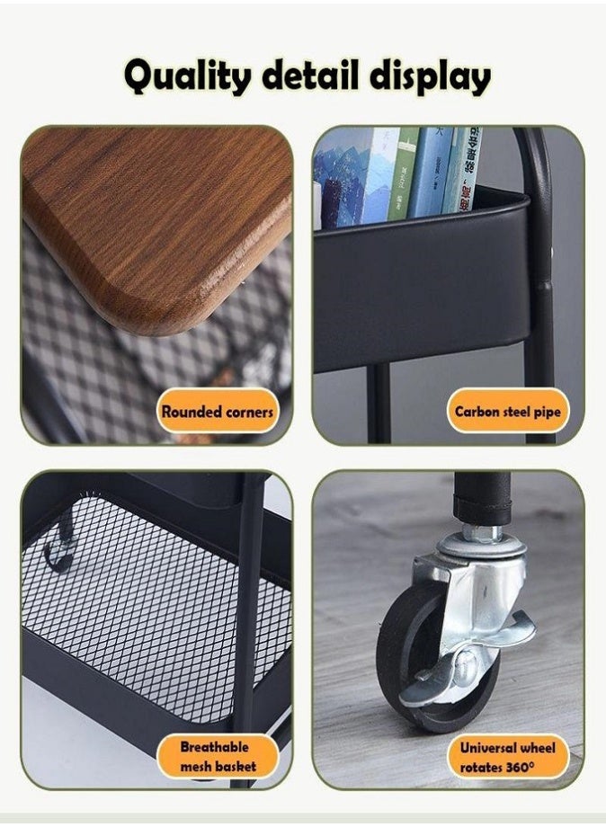 ليفي عربة تخزين متدحرجة بثلاث طبقات مع سطح طاولة خشبي - عربة تنظيم أدوات معدنية شديدة التحمل بعجلات قابلة للقفل، ورف متعدد الطبقات مقاوم للماء والصدأ للمطبخ وغرفة النوم والمكتب والحمام وغرفة المعيشة - Image 4