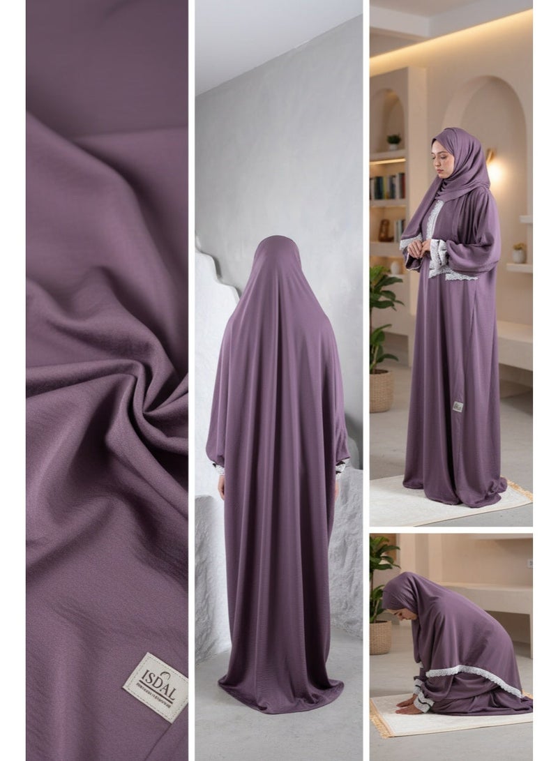KESSAA Larin Women’s Premium Prayer Isdal – Luxury Silk-Cotton Full-Coverage Salah Dress with Integrated Head Scarf | Lightweight, Breathable, Modest Wear for Home, Travel & Mosque - Light Purple - Image 5