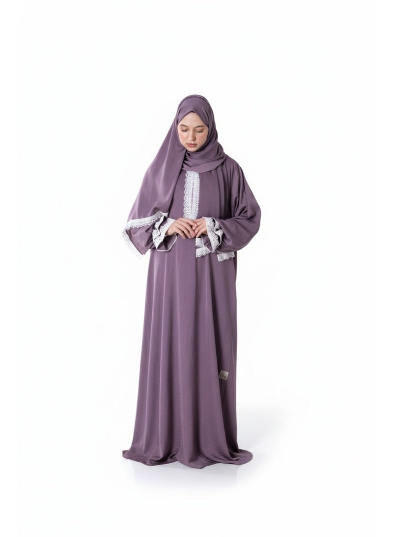KESSAA Larin Women’s Premium Prayer Isdal – Luxury Silk-Cotton Full-Coverage Salah Dress with Integrated Head Scarf | Lightweight, Breathable, Modest Wear for Home, Travel & Mosque - Light Purple - Image 1