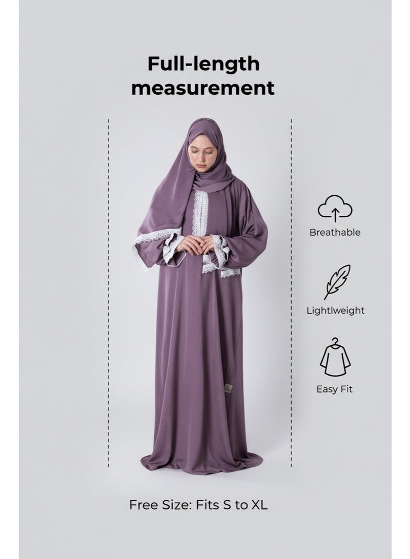 KESSAA Larin Women’s Premium Prayer Isdal – Luxury Silk-Cotton Full-Coverage Salah Dress with Integrated Head Scarf | Lightweight, Breathable, Modest Wear for Home, Travel & Mosque - Light Purple - Image 4