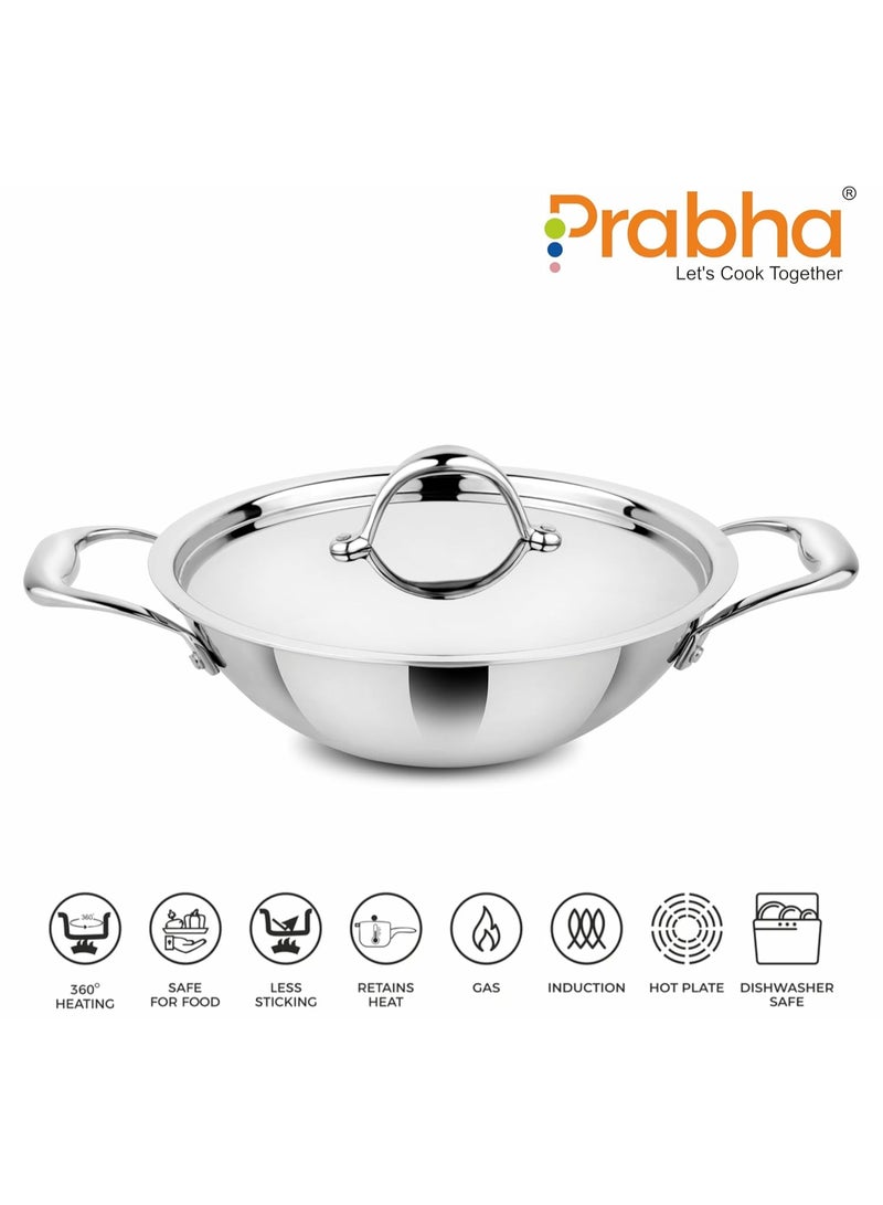 Prabha Prima Kadhai Flat Bottom with Lid, Stainless Steel, Kitchen Kadhai, 22cm, 2.2L, Induction & Non Induction Base, 60 Months Warranty - Image 4