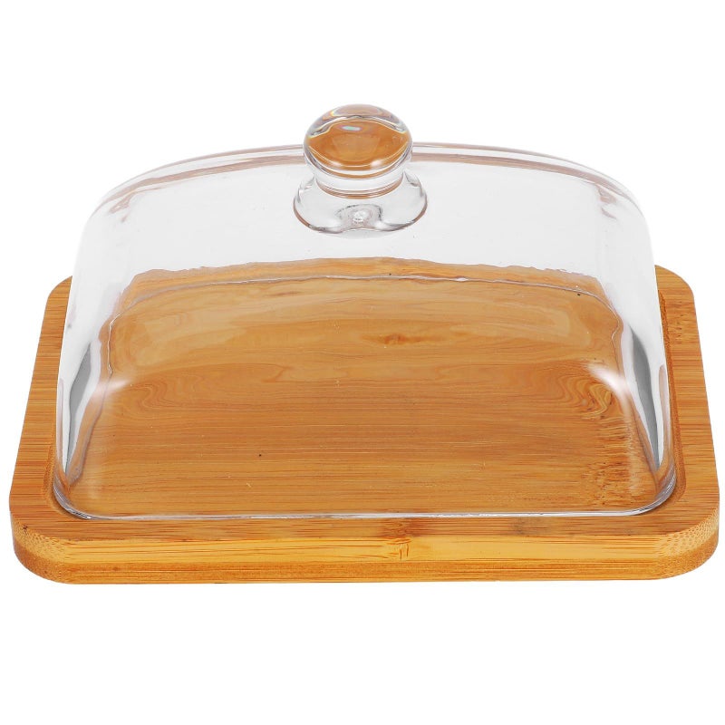 Acacia Wood Butter Dish With Lid Glass Cheese Tray Multi Purpose Serving Stand - Image 2