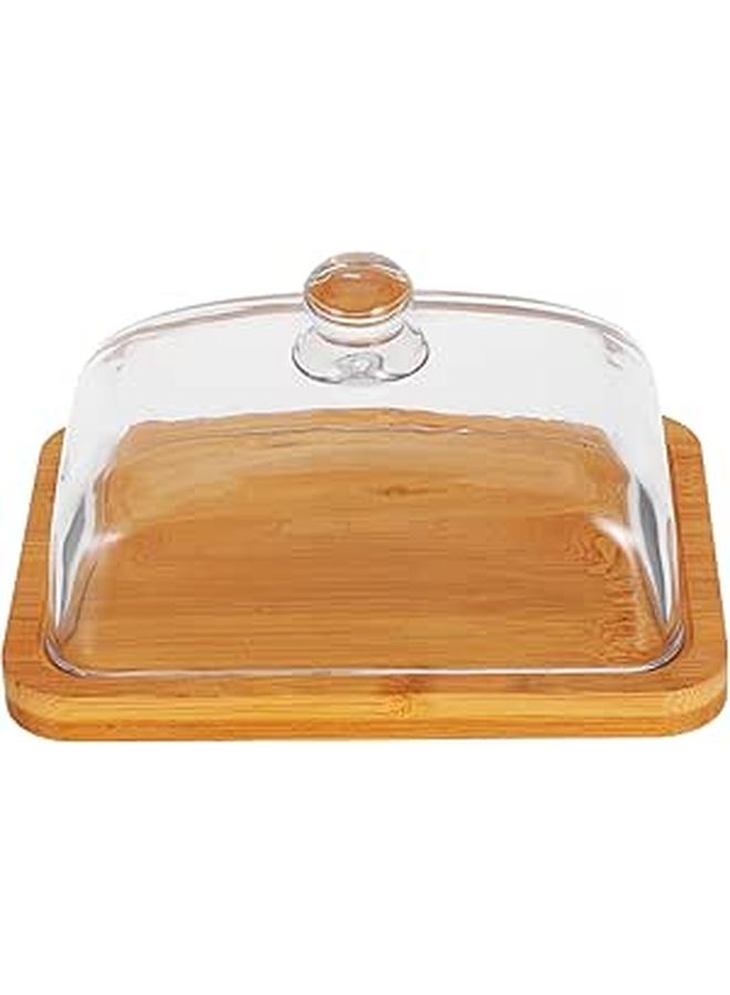 Acacia Wood Butter Dish With Lid Glass Cheese Tray Multi Purpose Serving Stand - Image 1