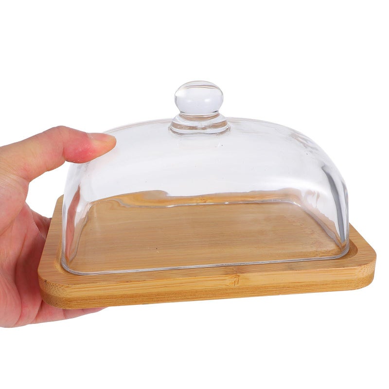 Acacia Wood Butter Dish With Lid Glass Cheese Tray Multi Purpose Serving Stand - Image 4