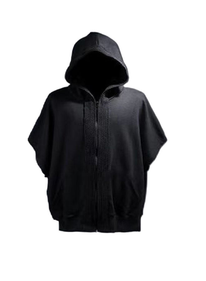 Men's loose short-sleeved hooded cardigan T-shirt-all black  - Image 2