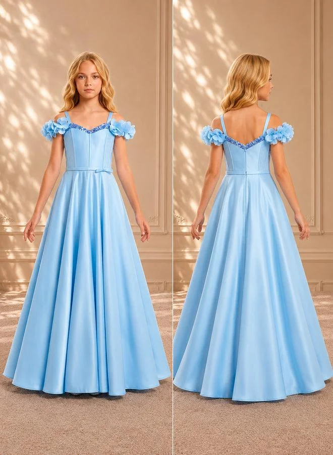 فيا بامبينو Sky Blue Off-Shoulder Floral Satin Gown 9266