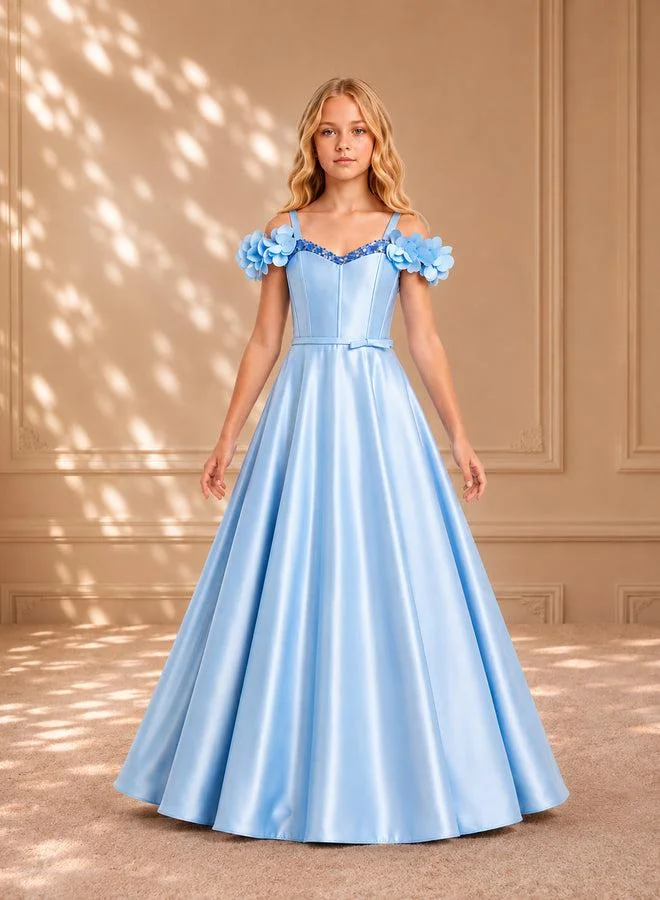فيا بامبينو Sky Blue Off-Shoulder Floral Satin Gown 9266