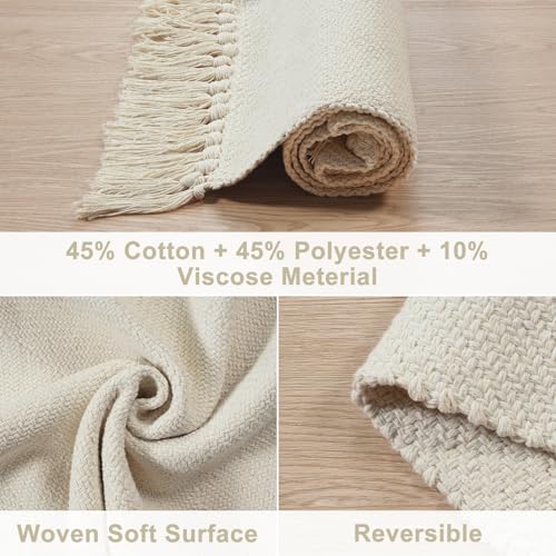 Collive Kitchen Runner Rug, 2' x 4.3' Hand-Woven Reversible Washable Rug, White/Beige Cotton Modern Farmhouse Bathroom Rug Hallway Carpet for Foyer Bedroom Entry Back Door Decor - Image 3