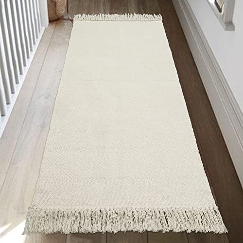 Collive Kitchen Runner Rug, 2' x 4.3' Hand-Woven Reversible Washable Rug, White/Beige Cotton Modern Farmhouse Bathroom Rug Hallway Carpet for Foyer Bedroom Entry Back Door Decor - Image 1