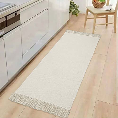 Collive Kitchen Runner Rug, 2' x 4.3' Hand-Woven Reversible Washable Rug, White/Beige Cotton Modern Farmhouse Bathroom Rug Hallway Carpet for Foyer Bedroom Entry Back Door Decor - Image 2