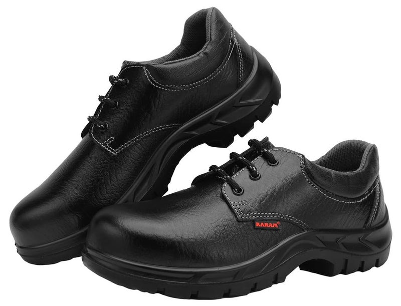 Karam FS02 Black Leather Safety Shoes for Men | Single Density with Steel Toe | Antistatic, Antislip, Oil & Heat Resistant | Size-08 - Image 1