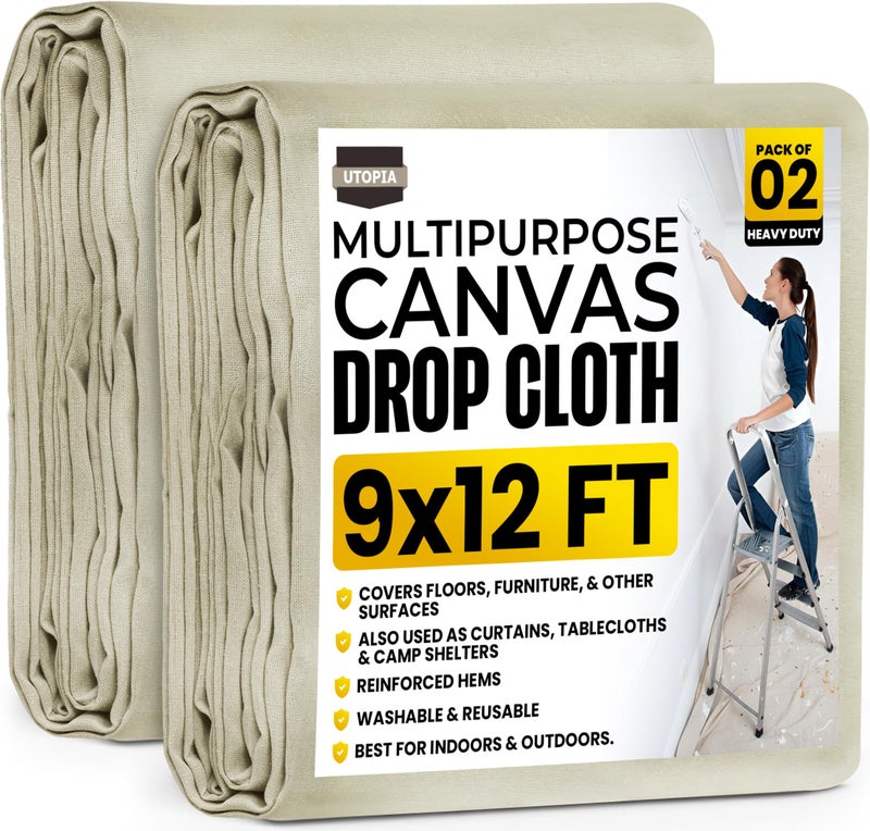 Utopia Home Utopia Drop Cloth for Painting (9x12 ft, 2 Pack) Washable and Reusable Drop Cloth for Painting, Furniture & Floor Protection Highly Absorbent Paint Cover - Thick Canvas Tarp for Outdoor and Indoor Use - Image 1