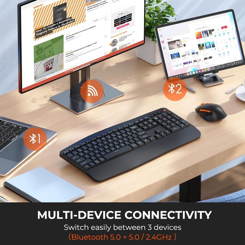 Wireless Keyboard and Mouse Combo 2.4G Bluetooth Dual Mode Full Size Keyboard with Wrist Rest Swing Wheel Silent Optical Mouse USB-A Receiver Compatible with Windows Mac Laptop Computer - Image 2