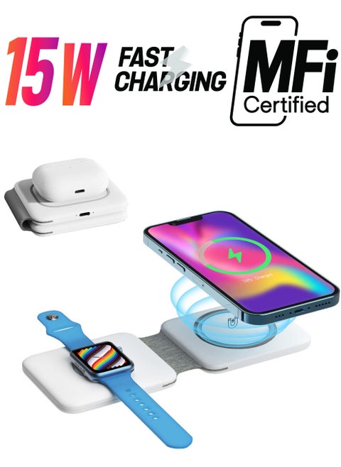 Wireless Charging, Magnetic Foldable Charging Pad Portable Wireless Chargers 3 in 1, Qi Fast Wireless Charging Station Compatible with iPhone 14/13/12/SE/11/XS/8, Samsung, for Air Pods Pro, iWatch