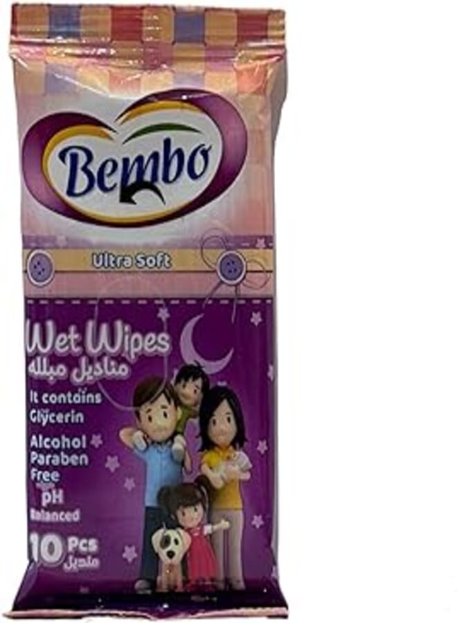 Bembo Wet Wipes Ultra soft -Glycerin -Paraben free PH balanced Purple-10 PCS