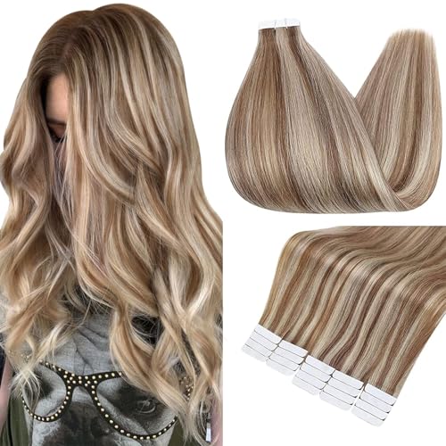 Full Shine Human Hair Tape in Extensions Color 10613 Blonde With Brown 18 Inch Invisible Seamless Skin Weft Extensions Tape in 20 Pieces Straight Natural Remy Soft and Silky for Wedding 50 Grams