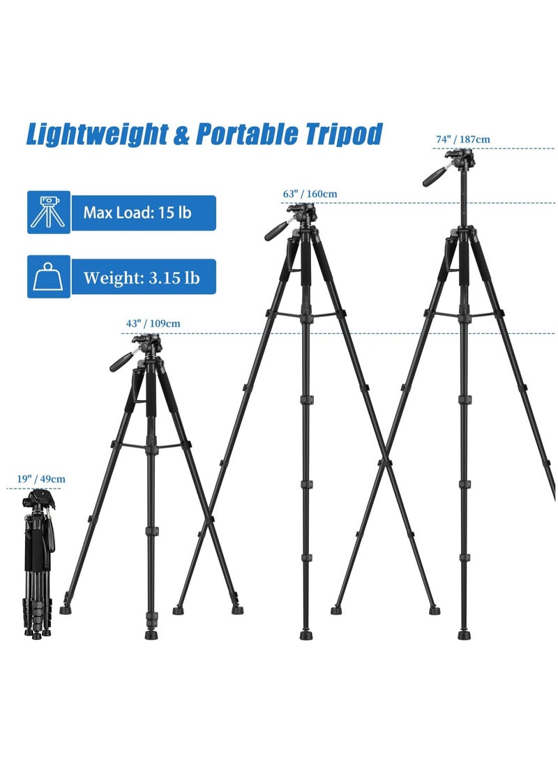SYOSI Tripod Camera Tripods, 74" Camera Tripod with Phone Holder & Remote & Portable Bag, Heavy Duty Tall Camera Stand Tripod, Professional Travel DSLR Tripods Compatible with Canon Nikon iPhone  - Image 2