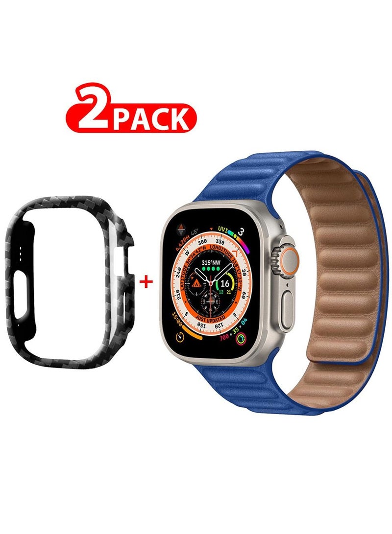 CATANES 2 Packs For Apple Watch Band 49mm Leather Link Strap Magnetic Loop Bracelet and Carbon Fiber Case Holder Blue  - Image 1