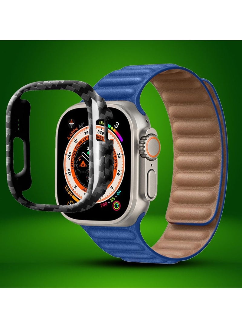 CATANES 2 Packs For Apple Watch Band 49mm Leather Link Strap Magnetic Loop Bracelet and Carbon Fiber Case Holder Blue  - Image 2