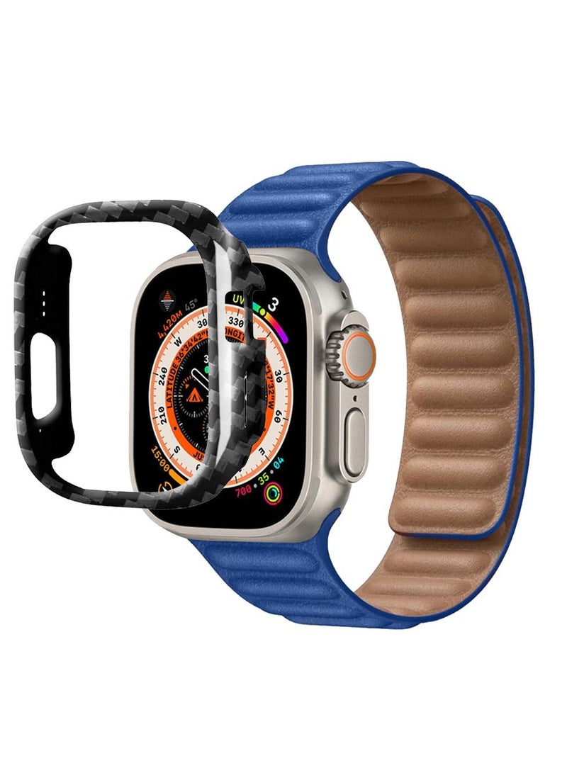 CATANES 2 Packs For Apple Watch Band 49mm Leather Link Strap Magnetic Loop Bracelet and Carbon Fiber Case Holder Blue  - Image 3