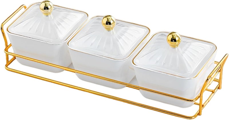 White Porcelain Dishes, 12.2 in Condiment Serving Trays, 3-Grid Nut Serving Set with Clear Covers, Gold Beads, Gold Metal Basket Tray, Square - Image 1