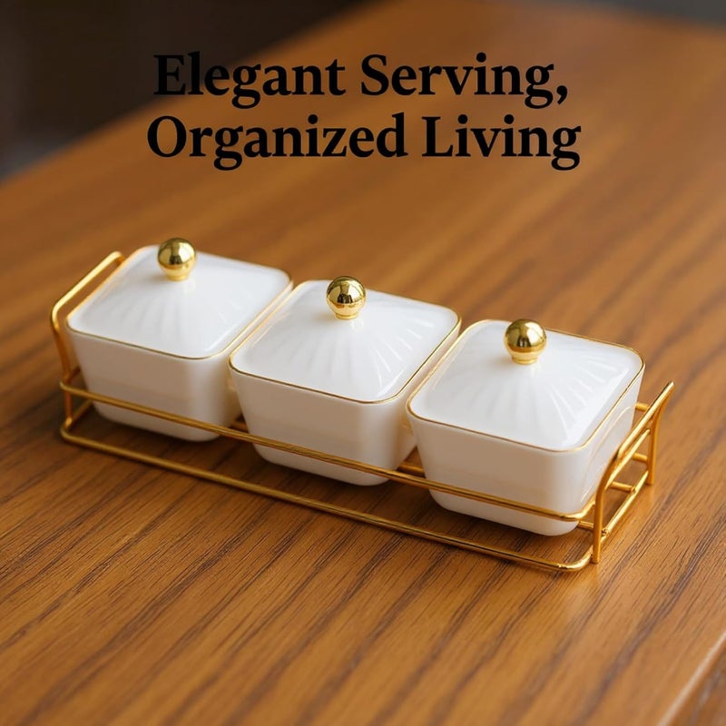White Porcelain Dishes, 12.2 in Condiment Serving Trays, 3-Grid Nut Serving Set with Clear Covers, Gold Beads, Gold Metal Basket Tray, Square - Image 3
