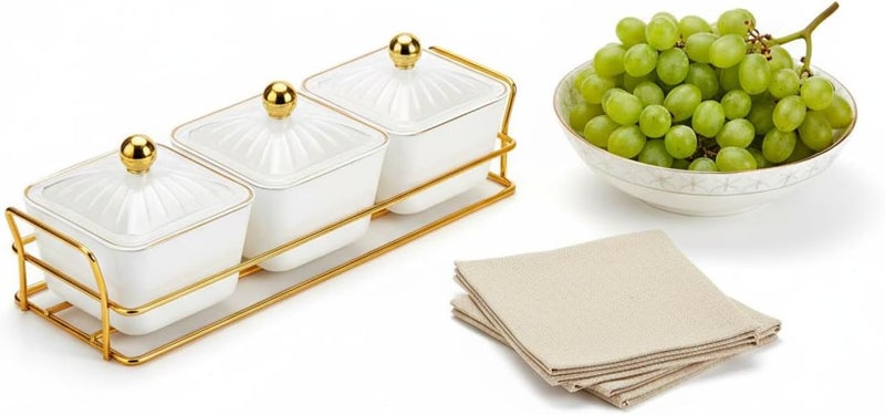 White Porcelain Dishes, 12.2 in Condiment Serving Trays, 3-Grid Nut Serving Set with Clear Covers, Gold Beads, Gold Metal Basket Tray, Square - Image 2